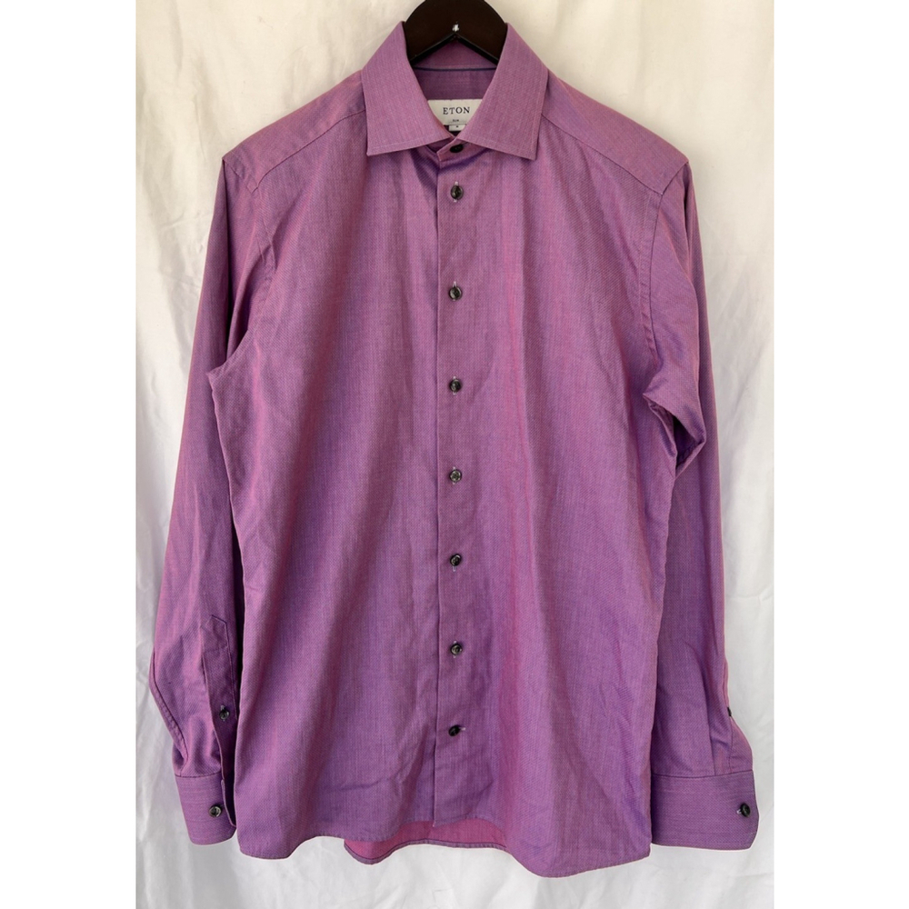 Eton Mens Purple Slim Fit Dress Shirt Size 39 15.5 M Check Pattern Luxury Career